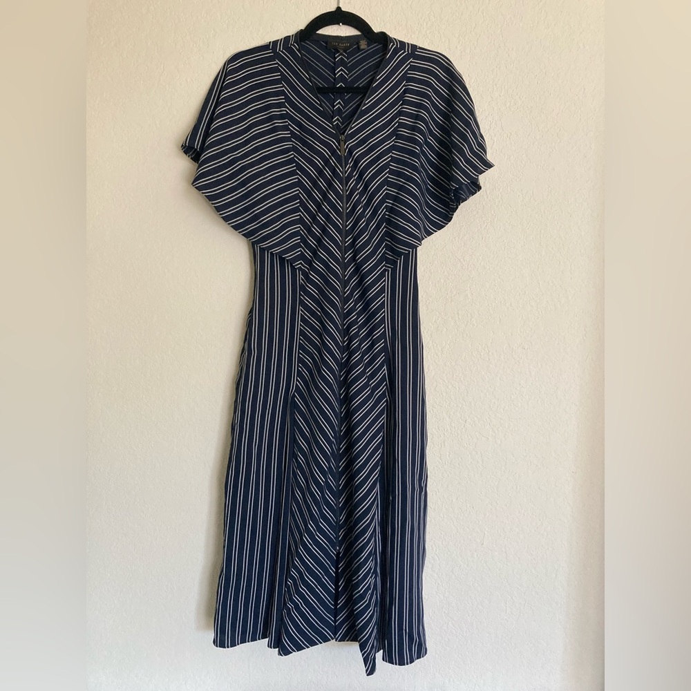 Ted Baker Navy and White Striped Midi Dress